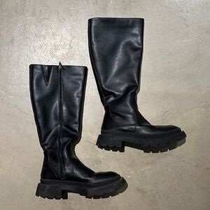 Chunky Black Leather Knee Boots